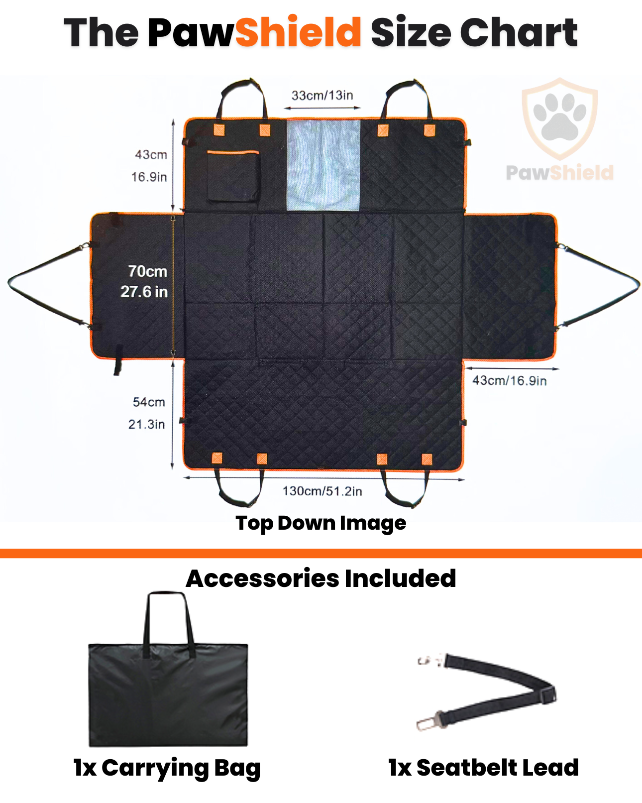 PawShield size chart with dimensions and included accessories.
