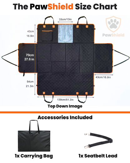 PawShield size chart with dimensions and included accessories.